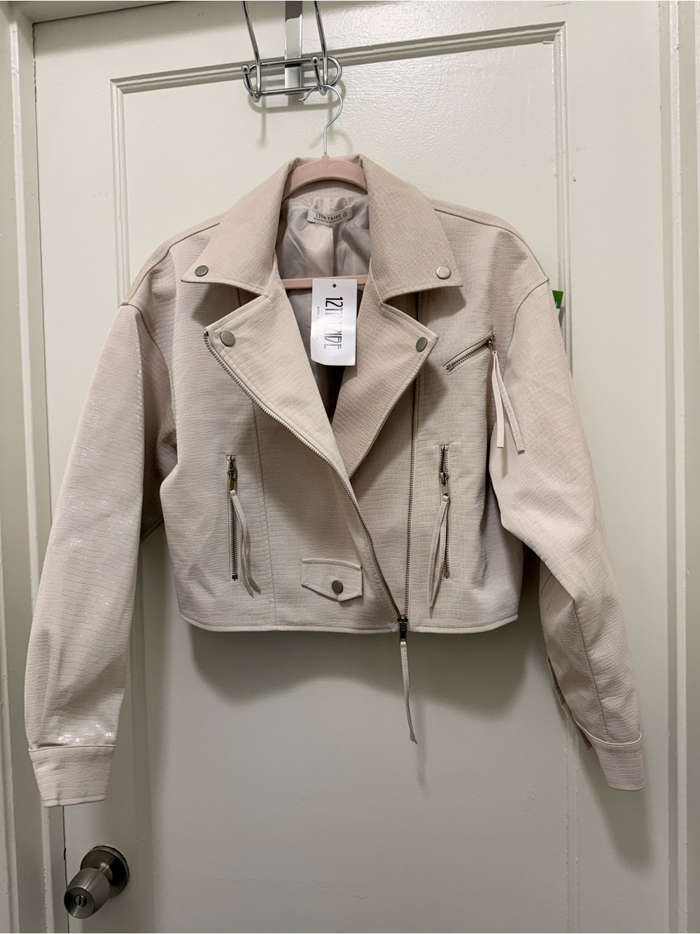 NWT 12th Tribe Roxbury Eggshell Croc Vegan Leather Moto Jacket | Size S